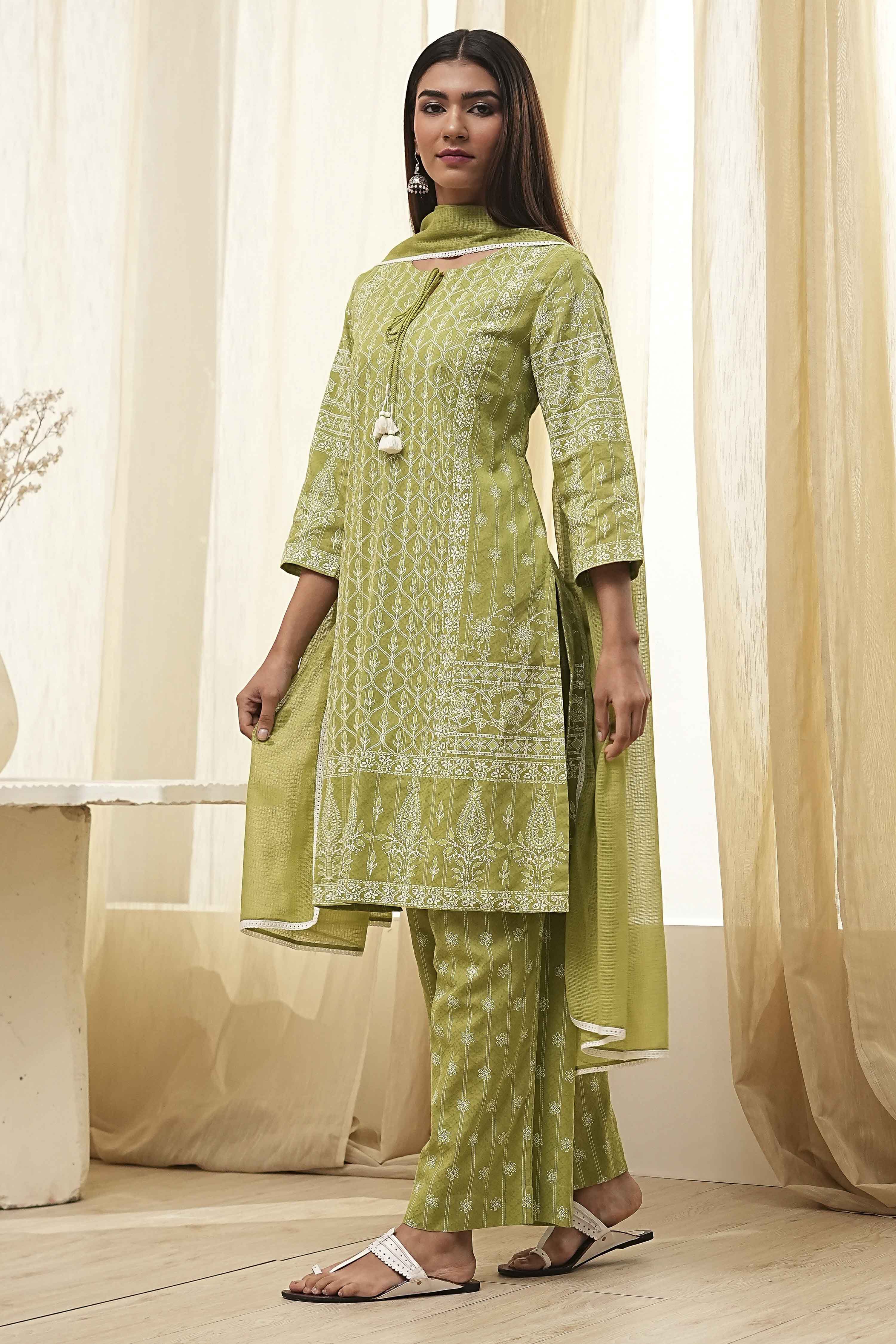 Mehendi Green Cotton Printed Straight Suit Set image number 3
