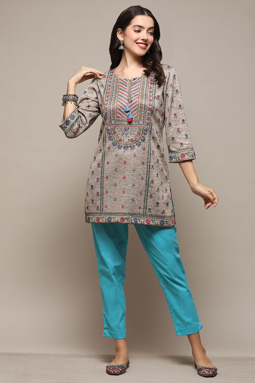 Melange Beige Poly Cotton Straight Printed Kurti image number 0