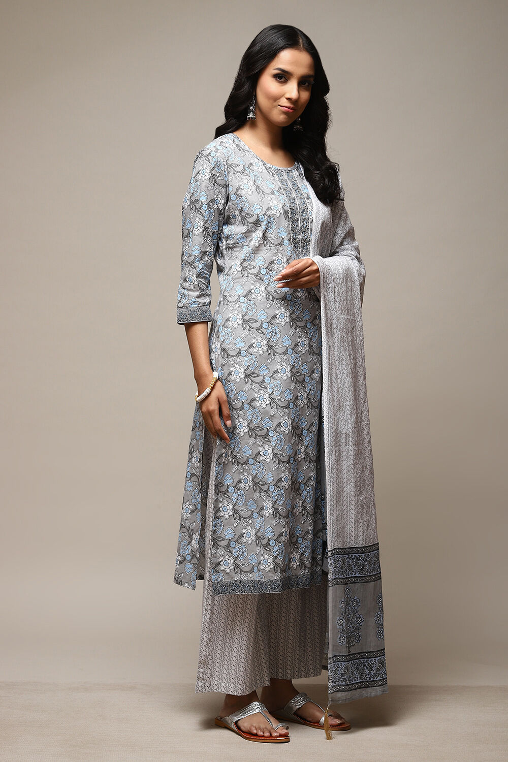 Grey Cotton Hand Block Print Unstitched Suit Set image number 12