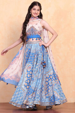 Electric Blue Viscose Blend Lehenga Set image number 0