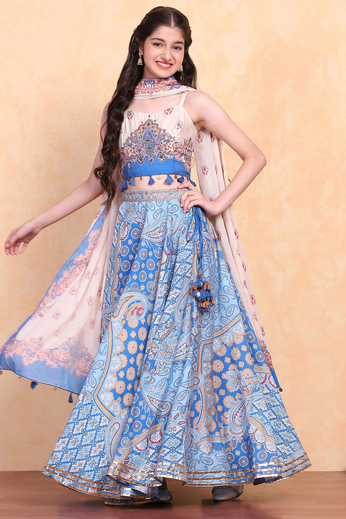 Buy Electric Blue Printed Flared Lehenga Set Online at Biba Global