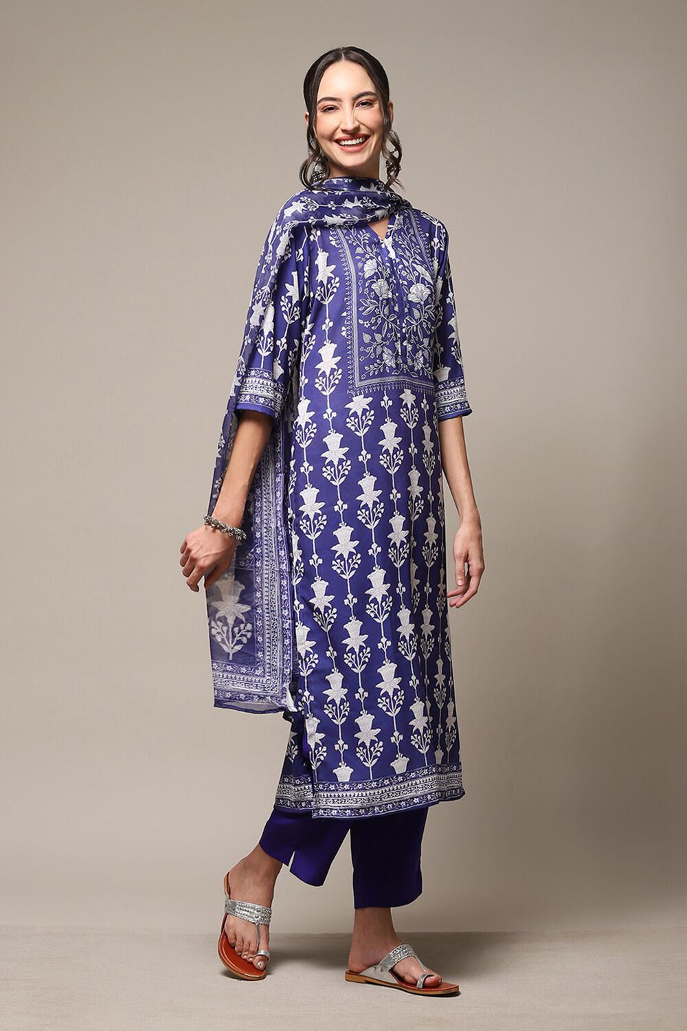 Indigo Chanderi Silk Unstitched Suit Set image number 7