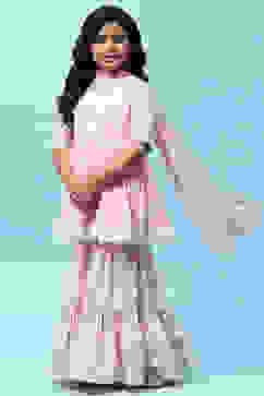 Pink Cotton Floral Printed Gathered Peplum Suit Set image number 0