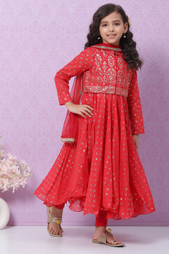 Red Cotton Anarkali Kurta Churidar Suit Set image number 2