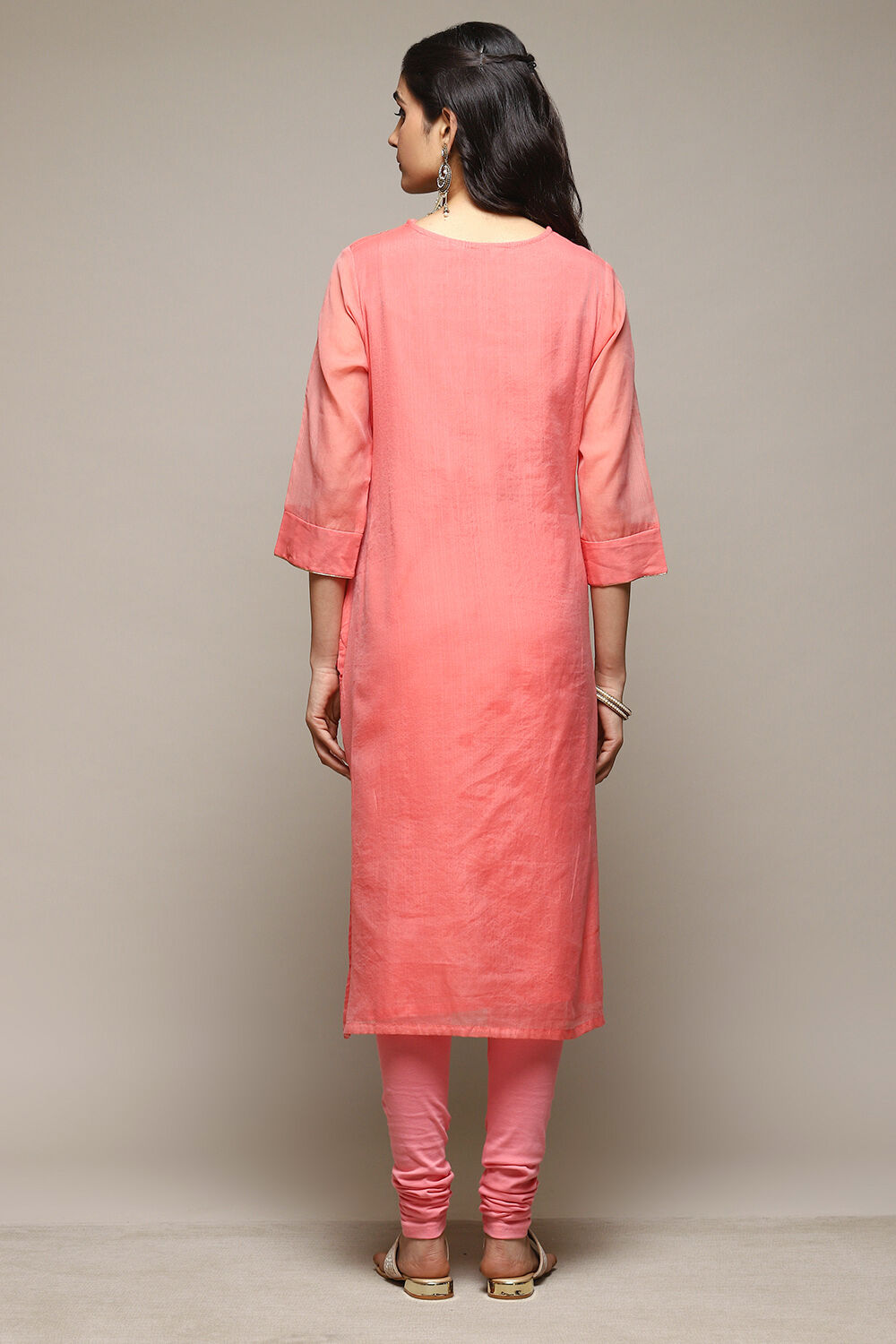 Orange Cotton Blend Flared Yarndyed Kurta image number 4