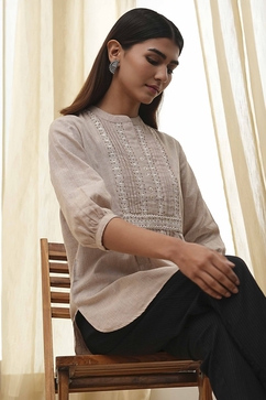 Beige Cotton Yarn-Dyed Short Straight Kurta image number 6