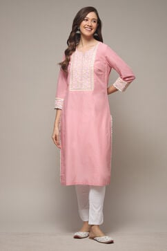 Pink Cotton Straight Embroidered Kurta image number 1