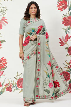 Rohit Bal Green Chanderi Silk Printed Saree With Blouse image number 4