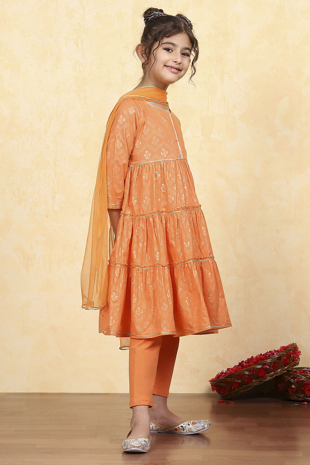 Blue Cotton Tiered Printed Kurta Churidar Set image number 5