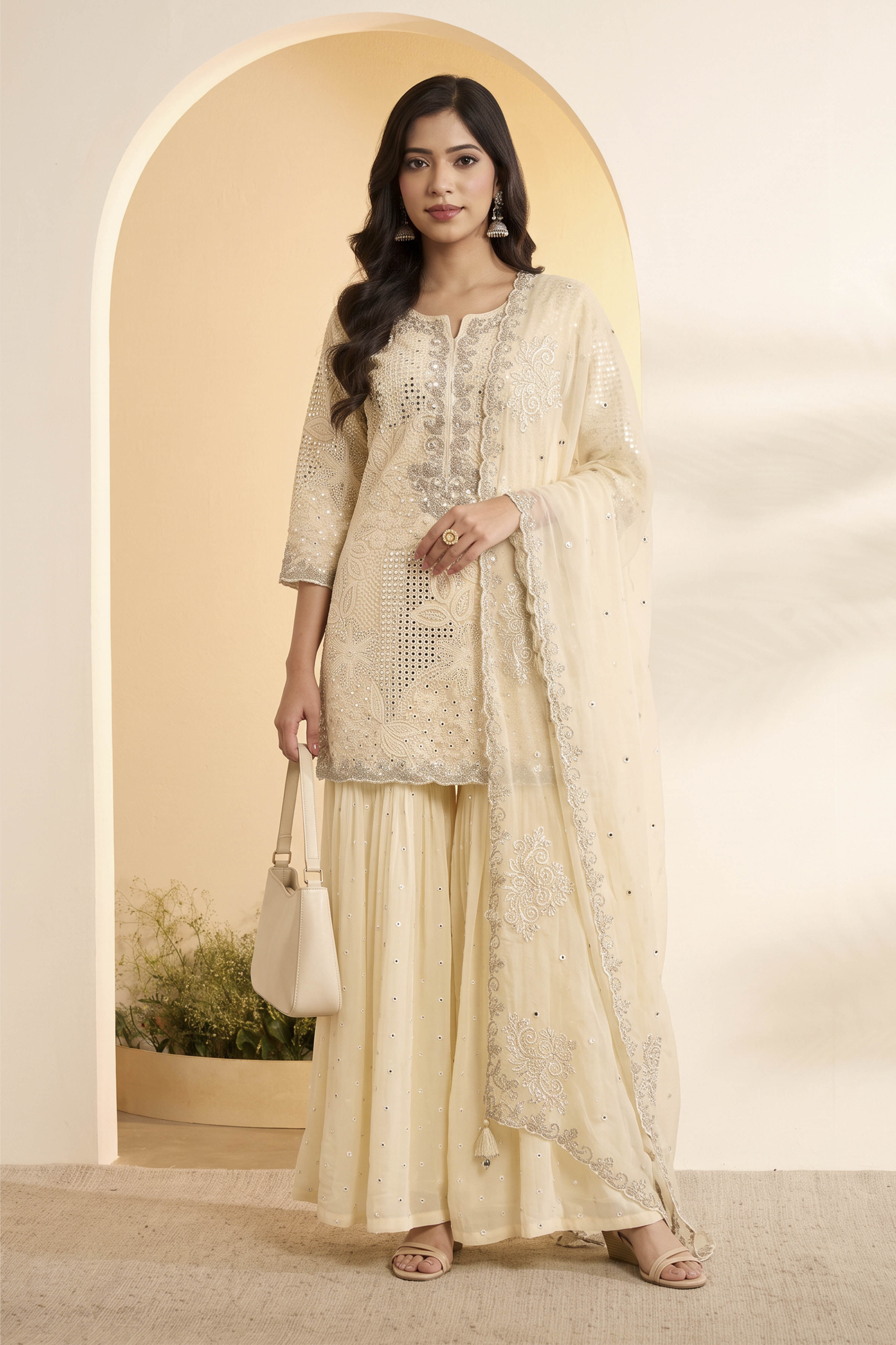Ivory Butterfly Net Embroidered Sharara Suit Set image number 0