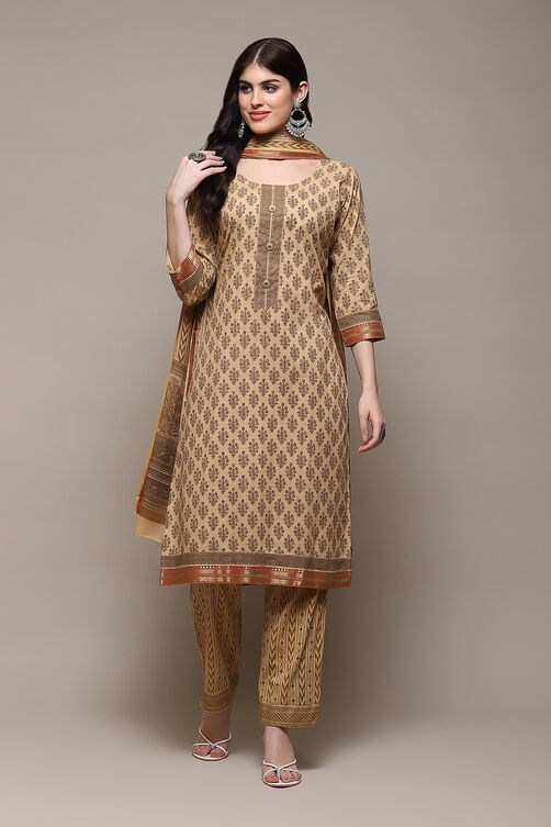 Coffee Brown Cotton Hand Embroidered Unstitched Suit Set image number 8