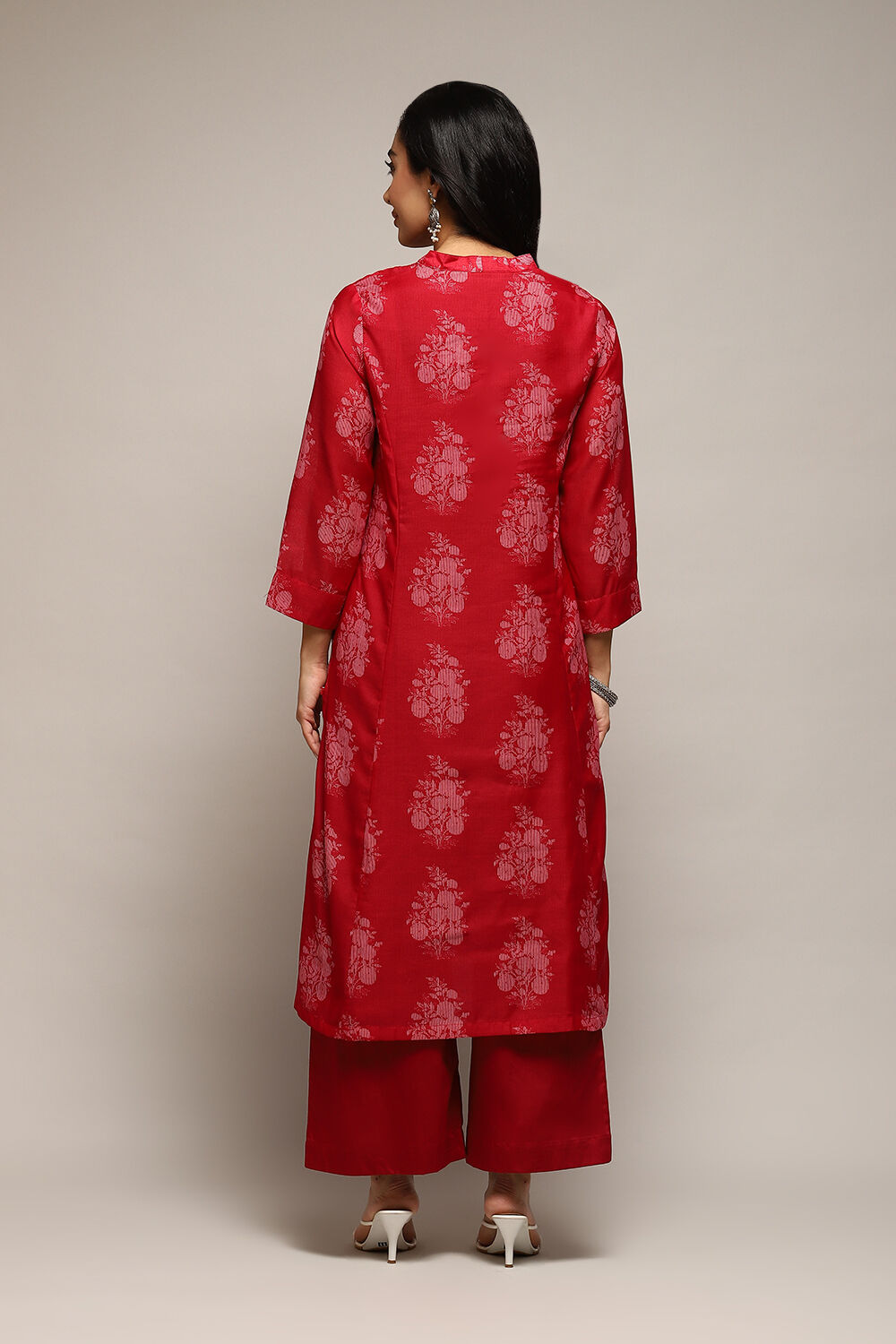 Pink Poly Chanderi A-Line Printed Kurta Palazzo Suit Set image number 4