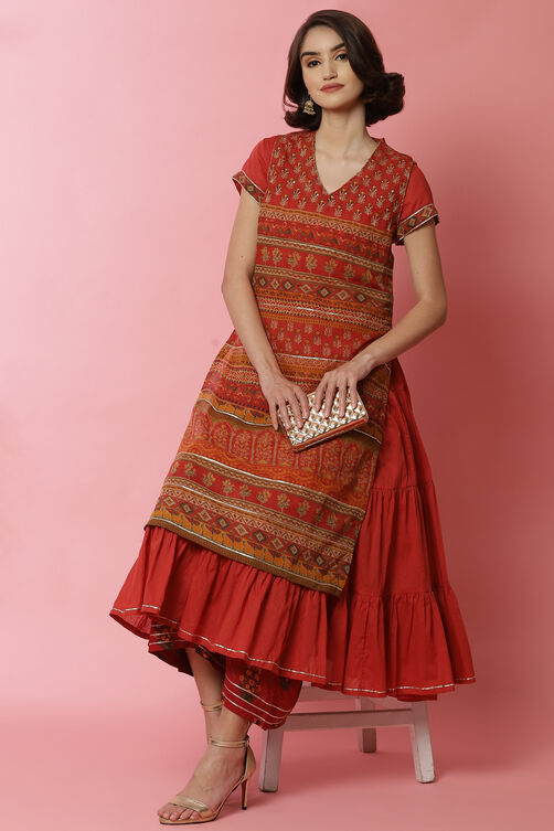 Rust Art Silk Double Layered Kurta image number 0