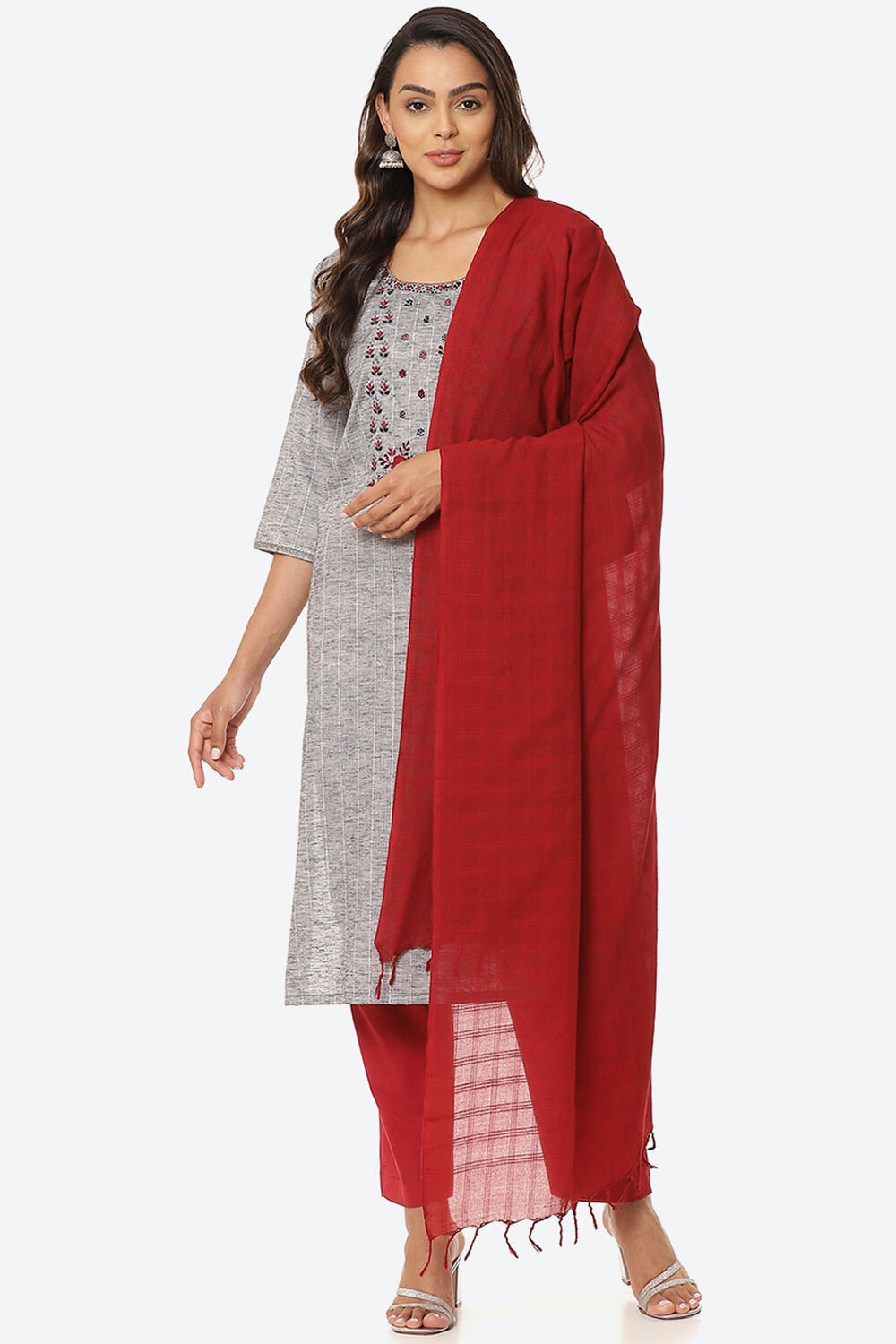 Grey Cotton Unstitched Suit Set image number 0