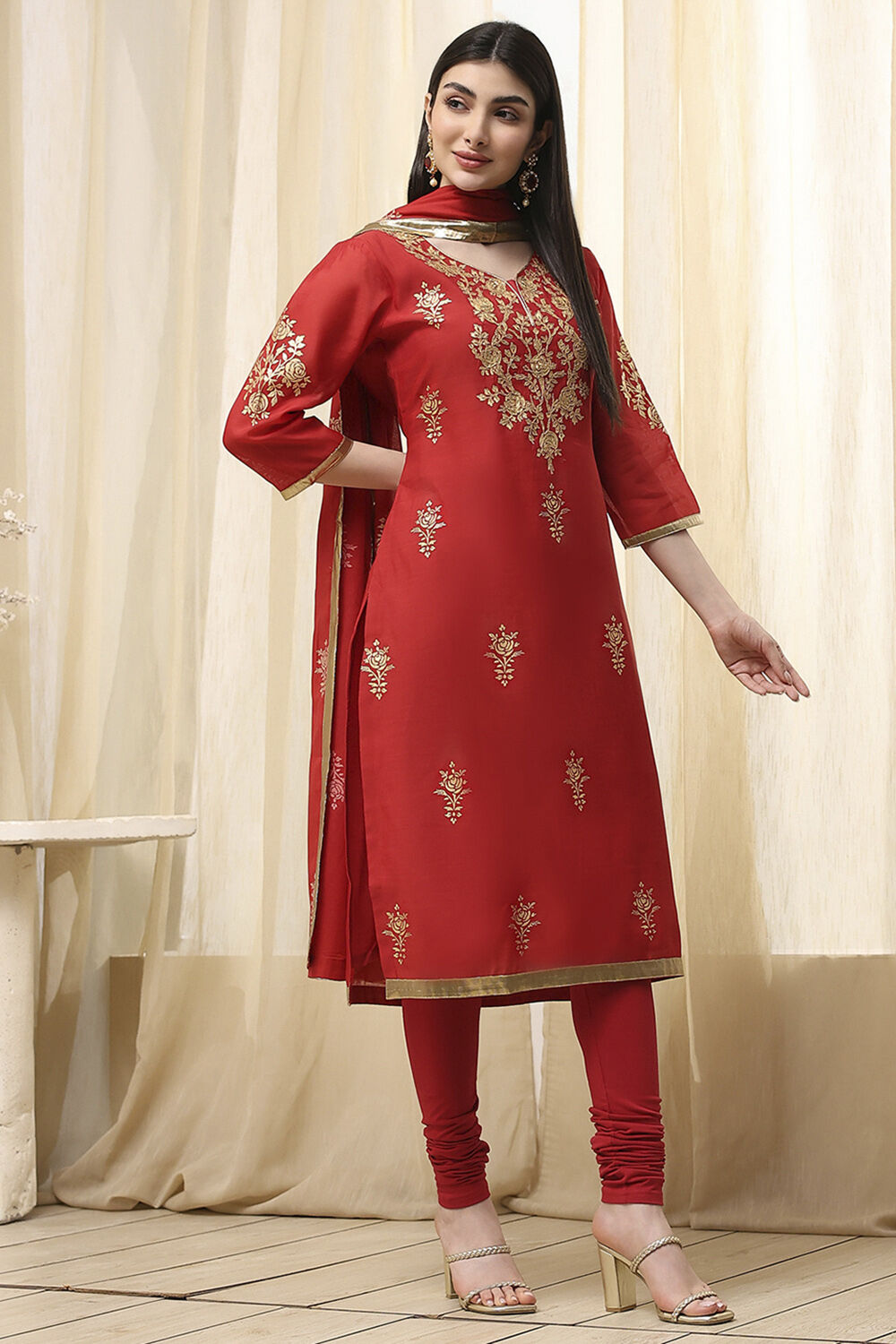 Blue Poly Chanderi Straight Suit Set image number 4