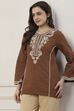 Brown Cotton Floral Yoke Embroidered Straight Kurti
