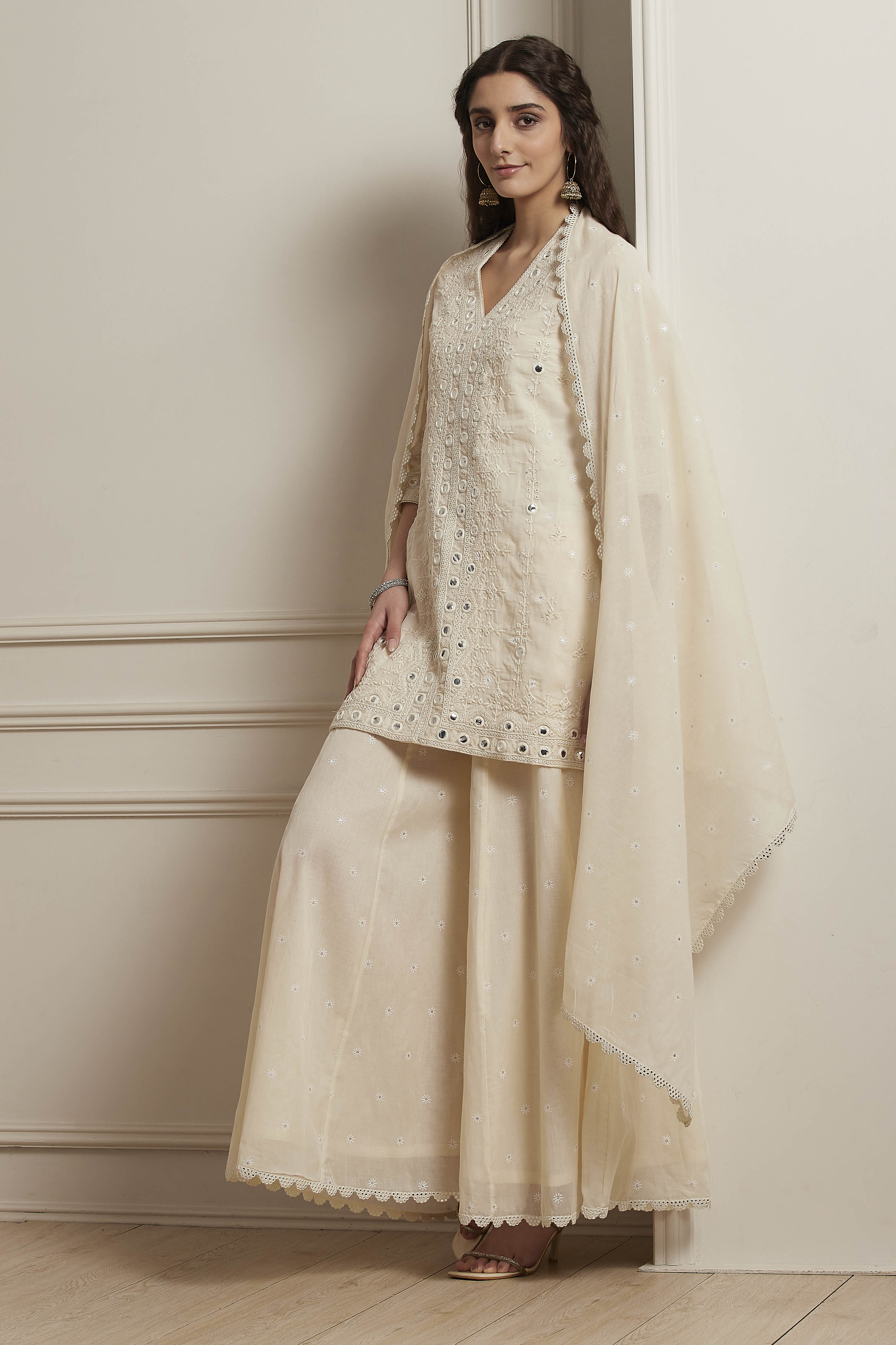 Ecru Cotton Embroidered Straight Sharara Suit Set image number 0