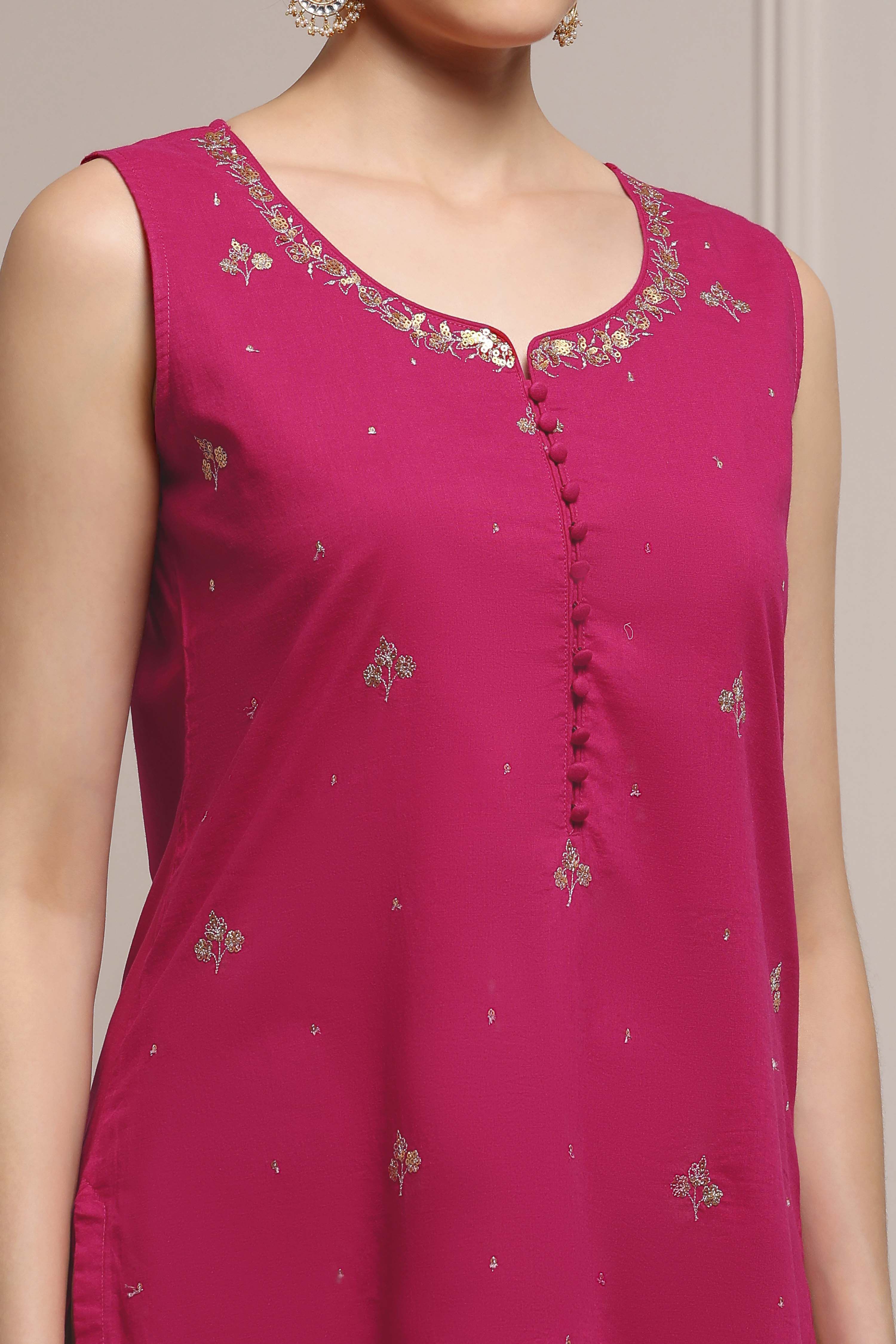 Magenta Cotton Sequinned Straight Kurta image number 1