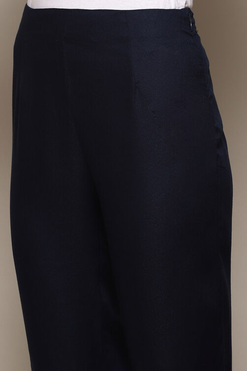 Navy Viscose Slim Solid Pants image number 1