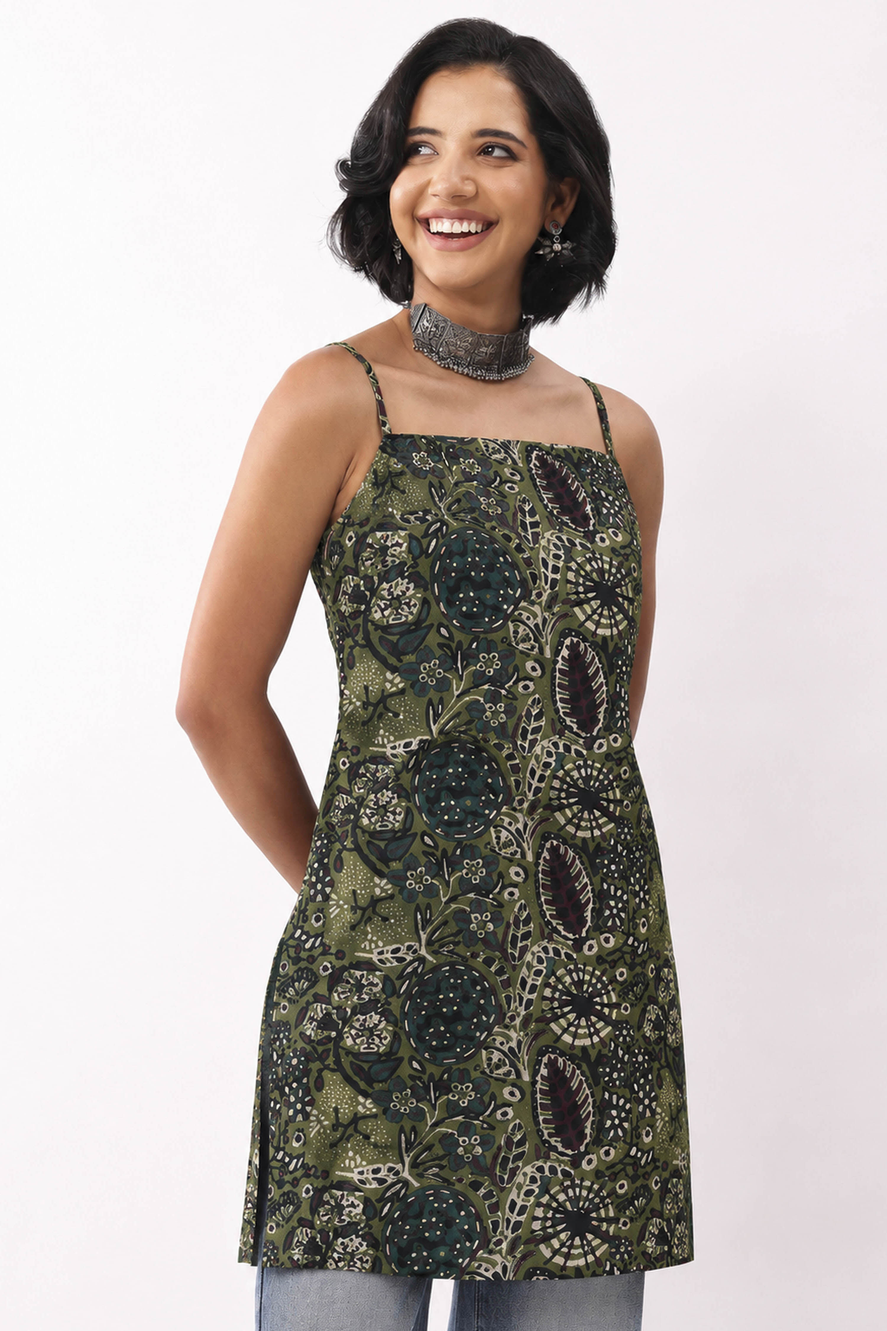 Green Cotton Geometric Printed Lace-Up Kurti image number 7