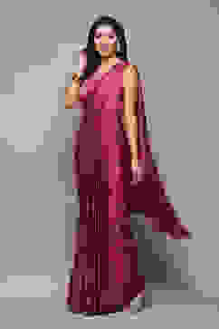 Plum Pre-Draped Saree & A Stitched Blouse With Floral Prints image number 3