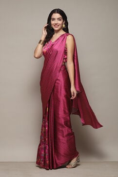 PlumPolyester Pre-draped Saree & A Stitched Blouse With Floral Prints image number 3