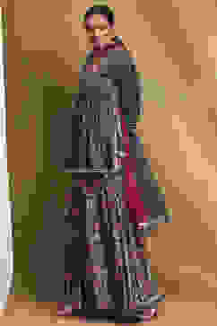 Navy Blue Viscose Floral Peplum Suit Set image number 3