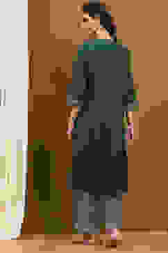 Green Modal Embroidered Festive Kalidar Suit Set image number 4