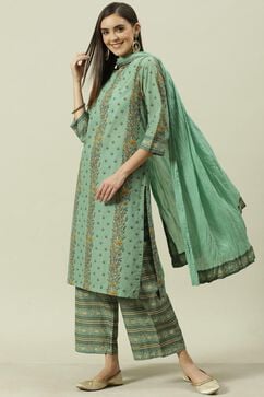 Sage Green Printed Cotton Straight Suit Set image number 5