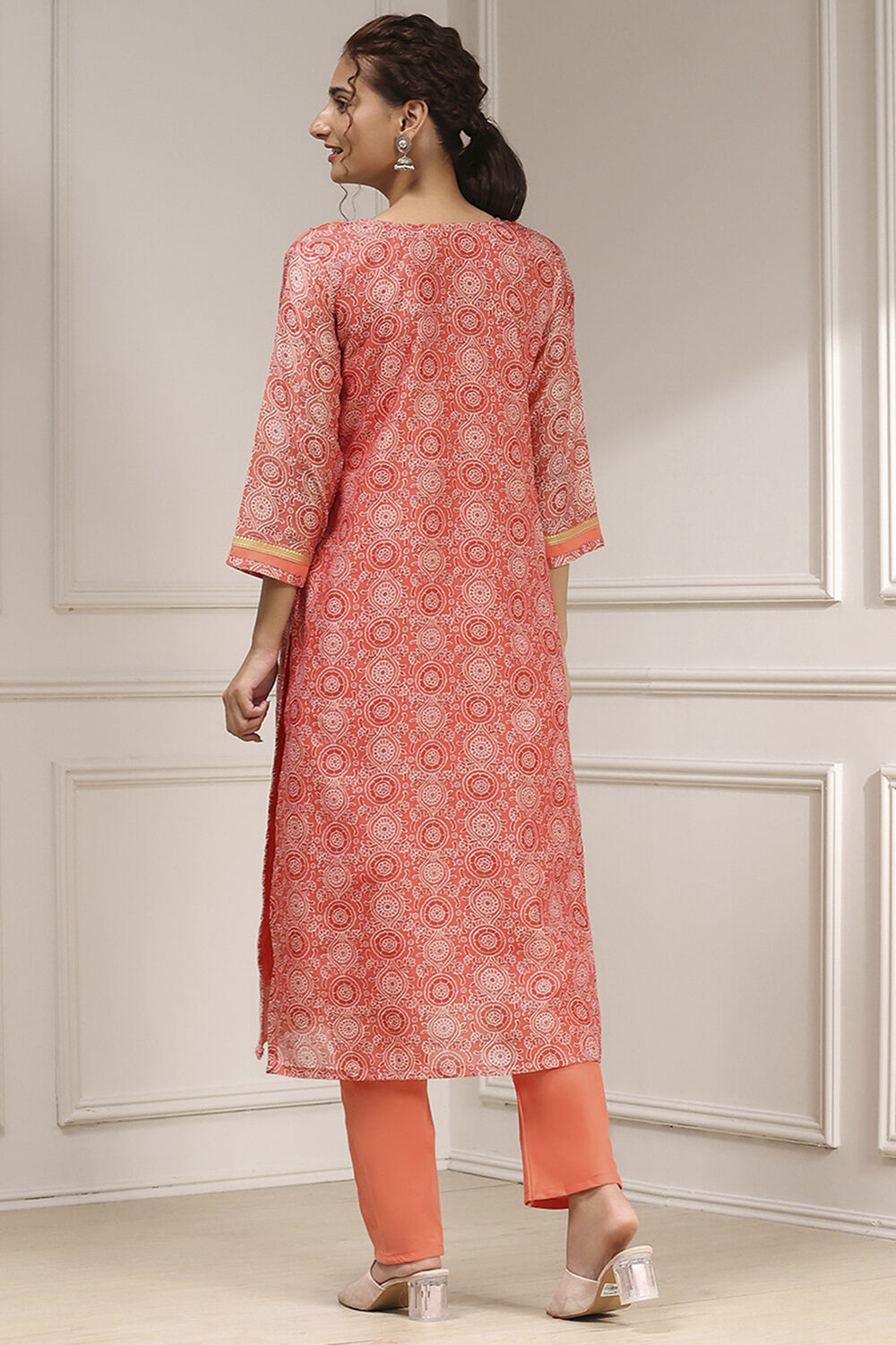 Orange Cotton Printed Embroidered Unstitched Suit Set image number 5
