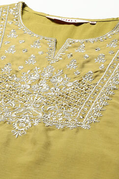 Lime Green Rayon Straight Embroidery Kurta Slim Pant Suit Set image number 1