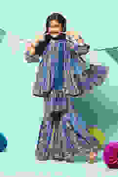 Blue Polyester Gathered Printed Suit Set image number 0