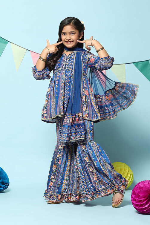 Blue Polyester Gathered Printed Suit Set