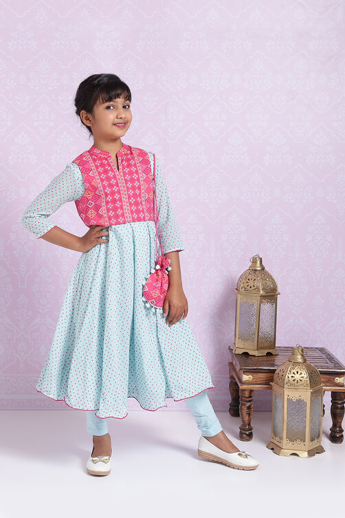 Sky Blue And Pink Cotton Anarkali Suit image number 2