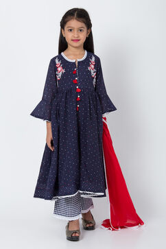 Navy Blue And White Poly Cotton Front Open Straight Kurta Palazzo Suit Set image number 2