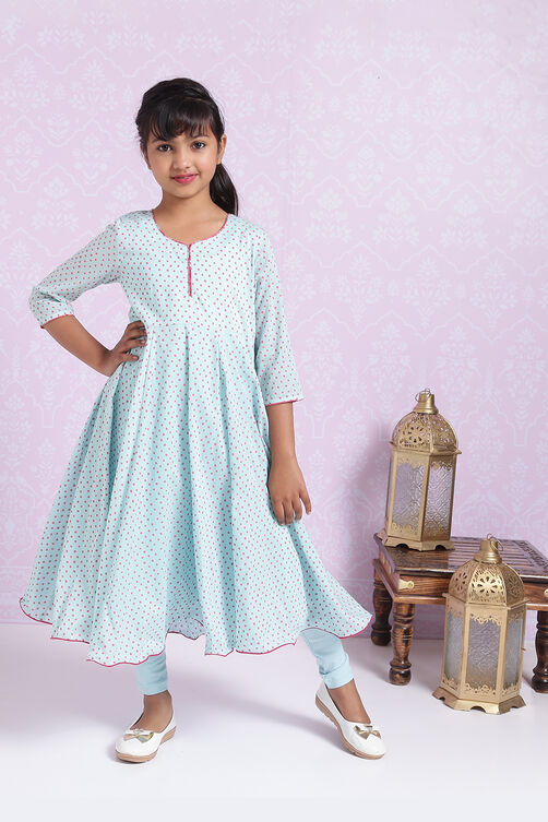 Sky Blue And Pink Cotton Anarkali Suit image number 6