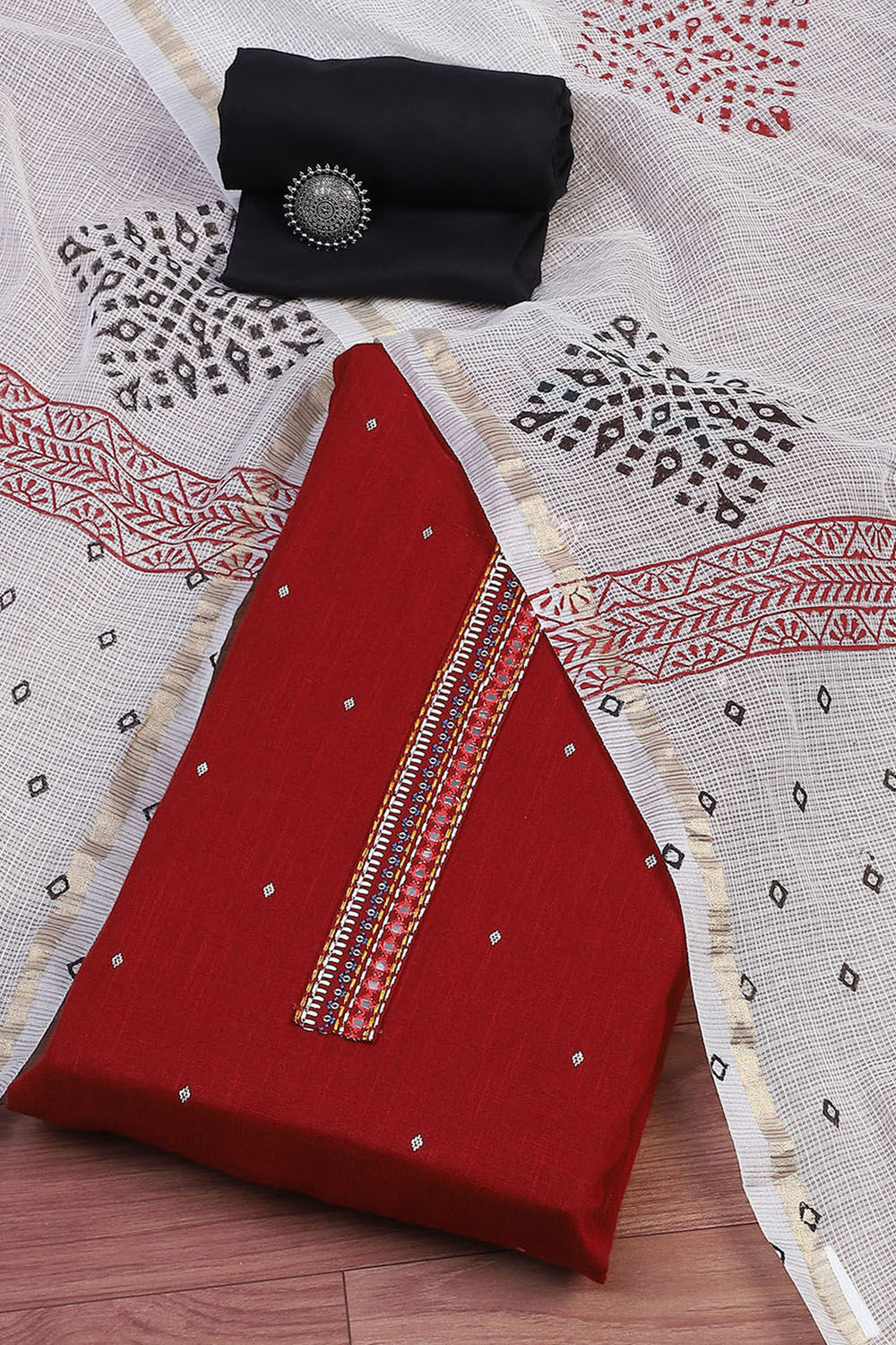 Yellow Cotton Handloom Unstitched Suit Set image number 0