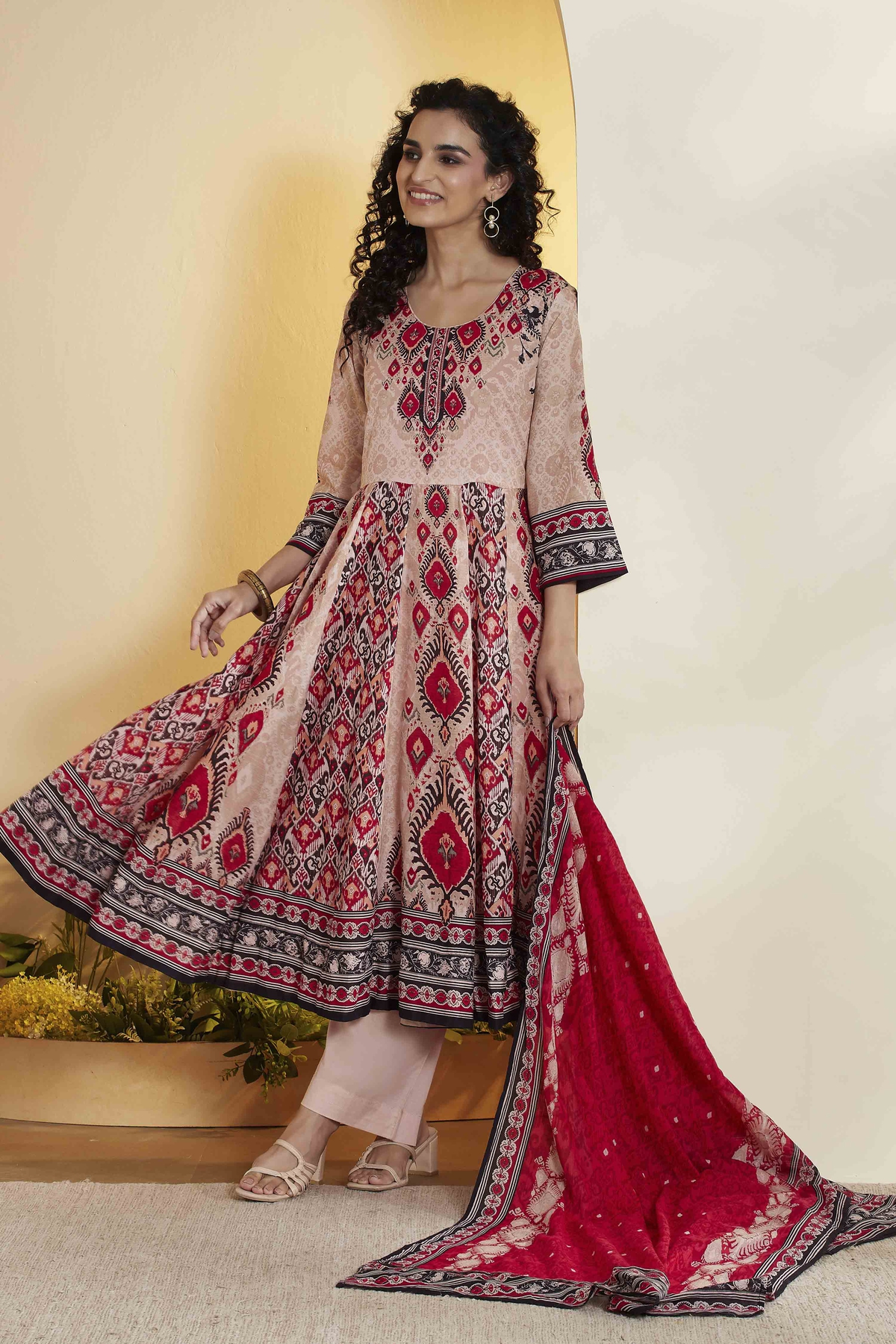 Beige Cotton Printed Anarkali Kurta Set