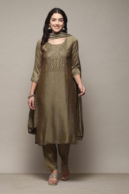 Olive Green Silk Blend Machine Embroidered Unstitched Suit Set image number 1