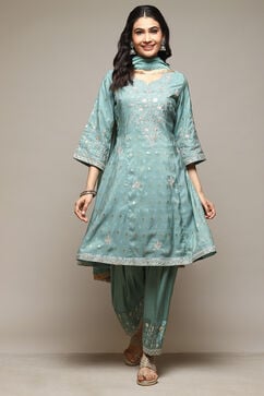 Sap Green Cotton Blend Kalidar Kurta Salwar Suit Set image number 7