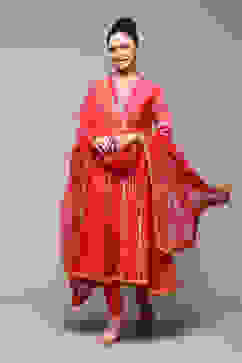 Pink Poly Cotton Anarkali Printed Kurta Palazzo Suit Set image number 0