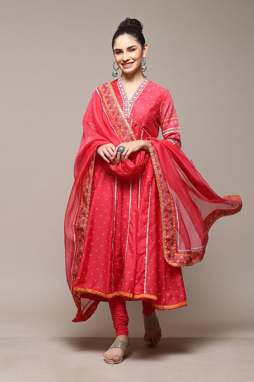 Mehandi Poly Cotton Anarkali Kurta Palazzo Suit Set image number 0