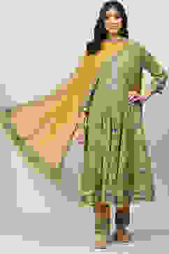 Mustard LIVA Kalidar Kurta Pant Suit Set image number 6