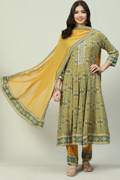 Mustard LIVA Kalidar Kurta Pant Suit Set image number 6