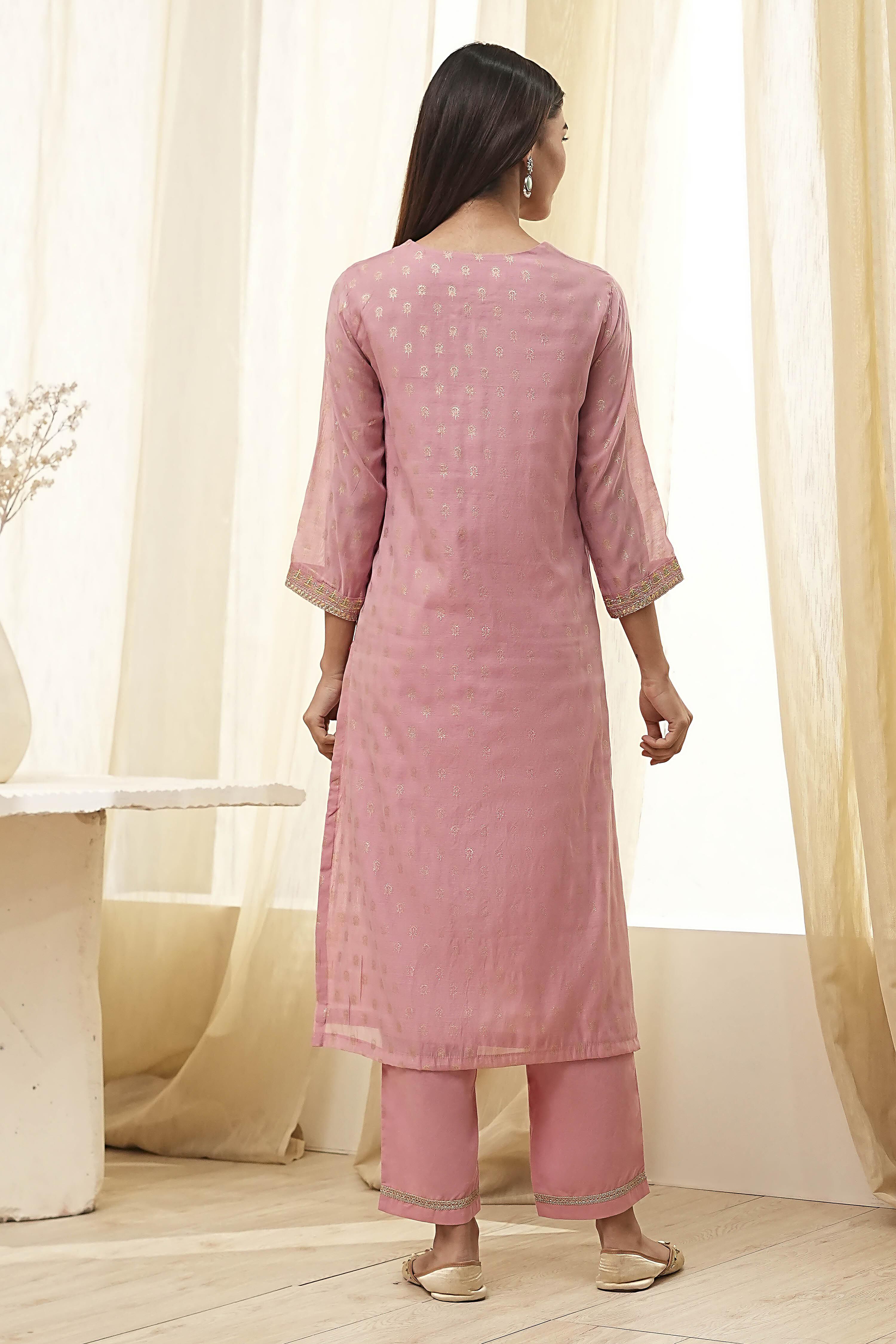 Dull Pink Embroidered Straight Suit Set image number 4