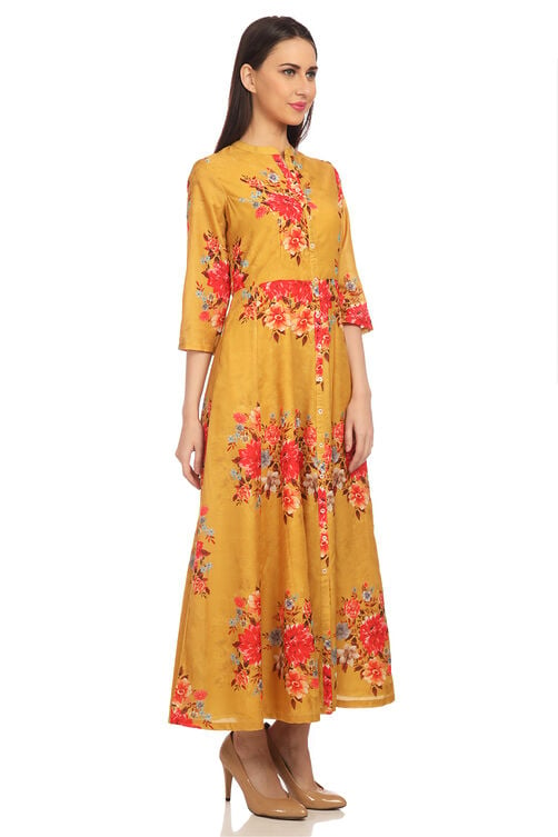 Yellow Flared Art Silk Printed Dress image number 2