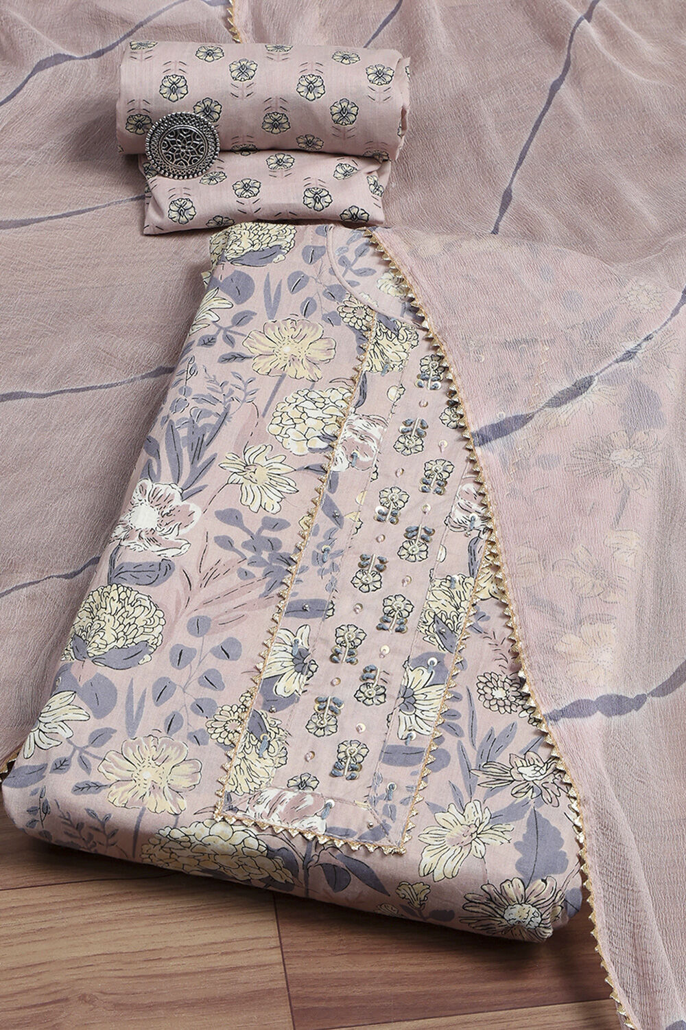 Purple Cotton Printed Embroidered Unstitched Suit Set image number 1