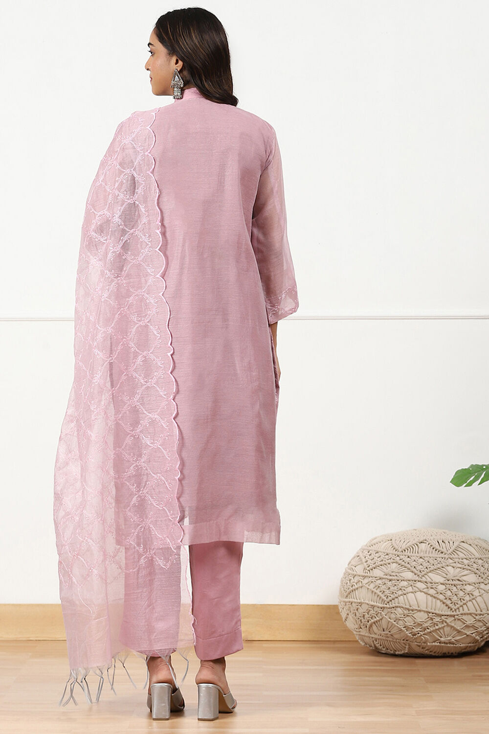 Grey Floral Thread Work Unstitched Suit Set image number 6