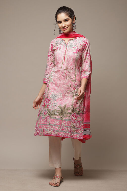 Pink Cotton Straight Kurta Pants Suit Set image number 1