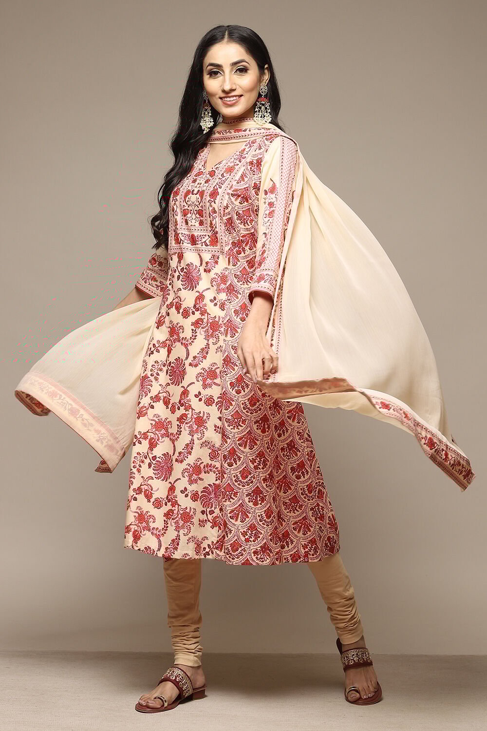 Beige Cotton Kalidar Kurta Churidar Suit Set Combines Kurta